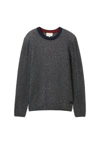 Pull à encolure ras du cou bleu marine et bordeaux avec un design côtelé texturé, doté de manches longues et d'un détail de logo subtil à l'ourlet.