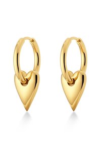 Goldene Creolenohrringe mit herzförmigem Akzent, polierter Oberfläche und nahtloser Verbindung zwischen dem Ring und dem Herzdesign.