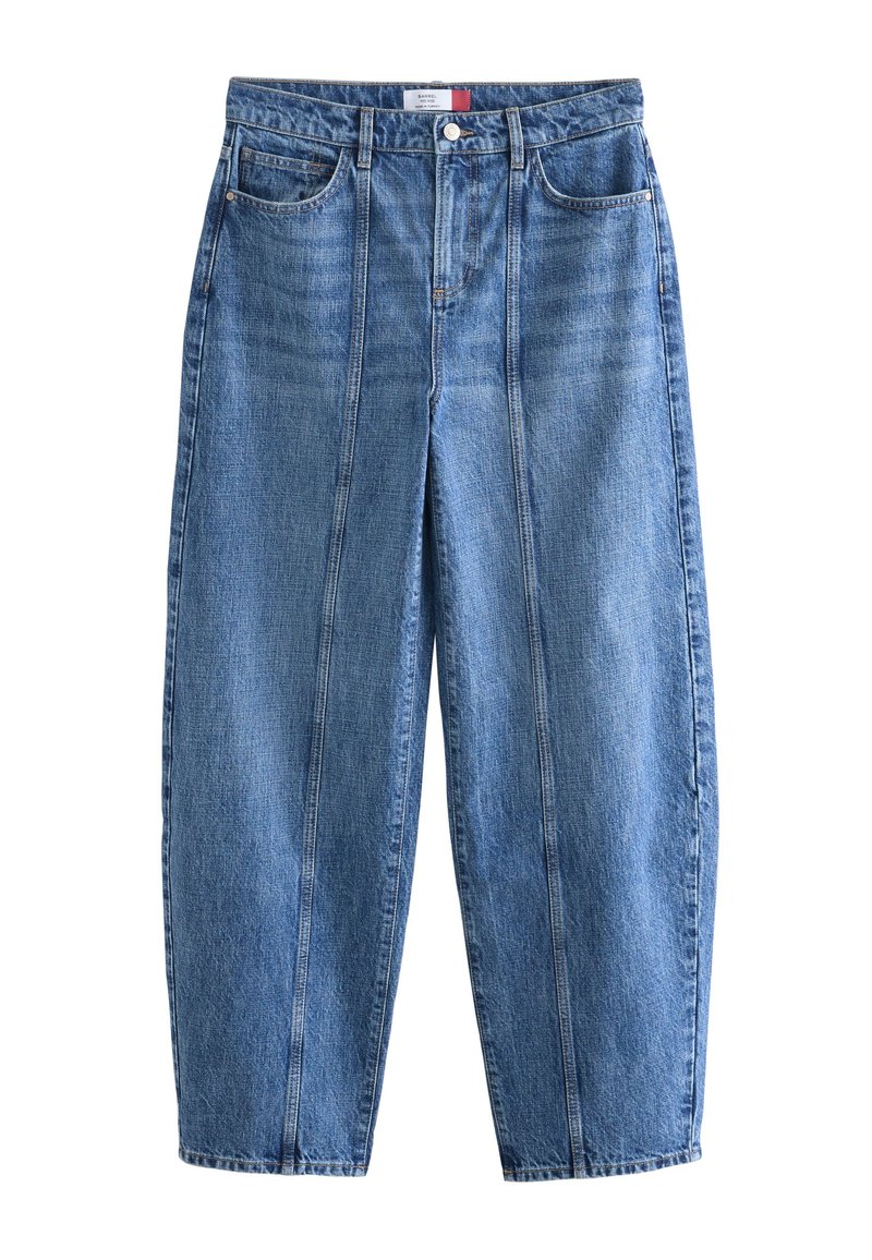 Modré džínsy z denimu s voľným strihom, vybavené prednými vreckami, viditeľnými švami a rovnými nohavicami. Mäkká textúra so stredným praním.