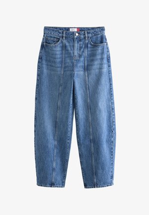 Modre jeans hlače iz jeansa z ohlapno prileganjem, sprednjimi žepi, vidnimi šivi in ravnim krojem nogavic. Mehka tekstura z srednjim pranjem.