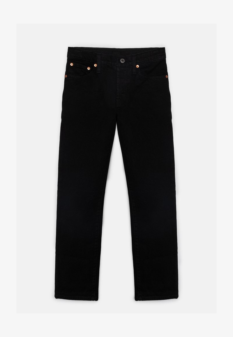 Μαύρο τζιν παντελόνι με ίσια εφαρμογή, διαθέτει χαλκοένθετους καρφίτσες, πέντε τσέπες και κουμπί κλεισίματος. Λείος υφή και κλασικός σχεδιασμός.