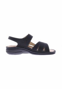 Schwarze Sandalen mit einem offenen, ausgeschnittenen Design, aus strukturiertem Material gefertigt. Verfügt über einen Slingback-Riemen und eine gepolsterte Sohle für Komfort.