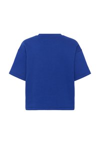 T-shirt bleu uni à manches courtes, vu de dos, avec un col rond et sans logos ni motifs visibles.