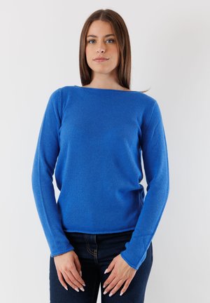 Maglione blu realizzato in morbido materiale a maglia. Presenta un collo a giro e maniche lunghe, con una forma leggermente aderente.