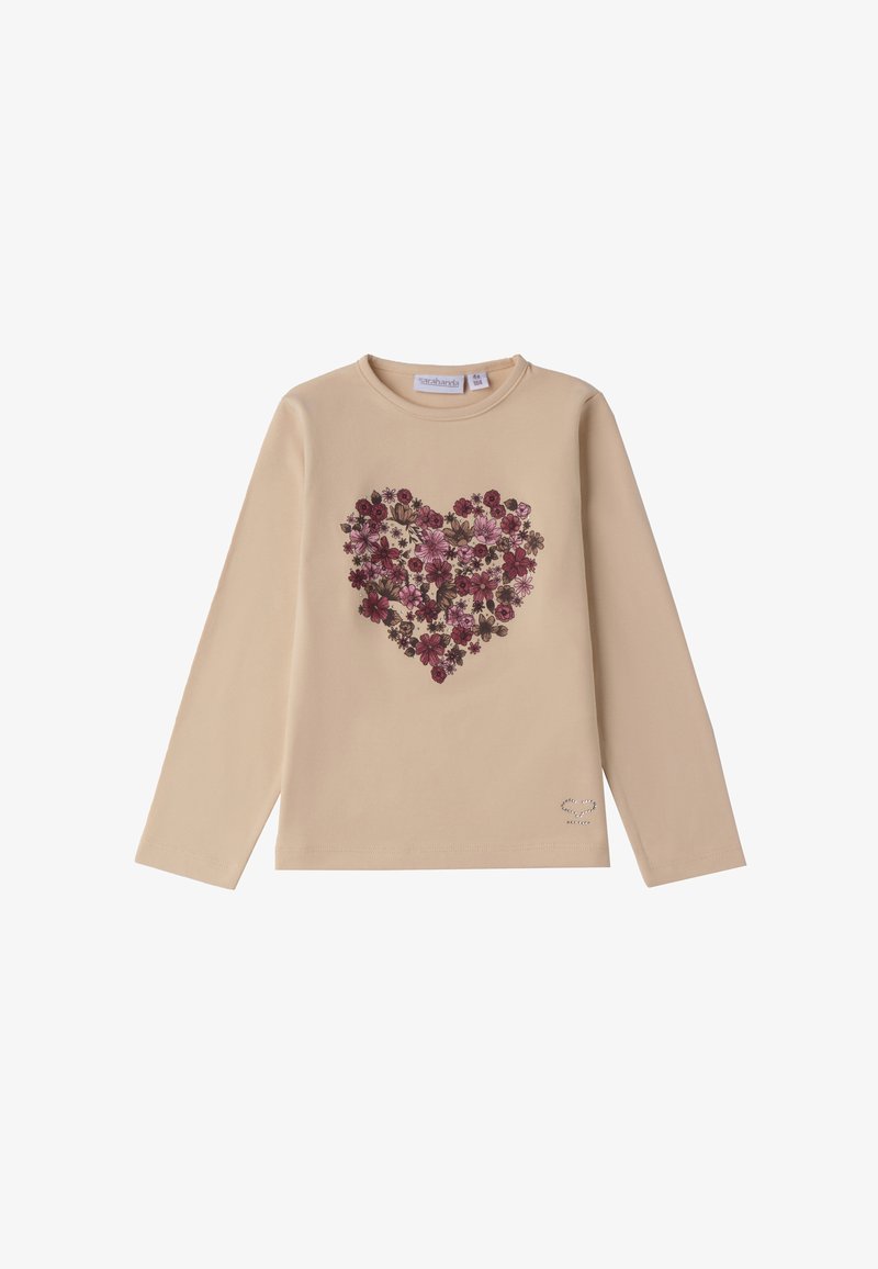 Beige Langarmshirt mit floralem Herzdesign in Rosatönen und Burgunder, mit einem kleinen Akzent am Saum und Rundhalsausschnitt.