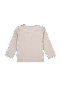 T-shirt a maniche lunghe in cotone beige chiaro, con scollatura rotonda e retro semplice, caratterizzato da un piccolo etichetta sul lato sinistro in basso.