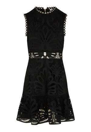 Črna čipkasta obleka z rožnatimi izrezi, brez rokavov, okroglim izrezom z bisernimi detajli in širokim robom.