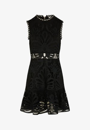 Črna čipkasta obleka z rožnatimi izrezi, brez rokavov, okroglim izrezom z bisernimi detajli in širokim robom.
