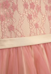 Rosa Kleid mit zarter Blumen-Spitze am Oberteil, einem glatten cremefarbenen Taillenband und einem mehrlagigen, weichen Tüllrock in einem helleren Rosa.