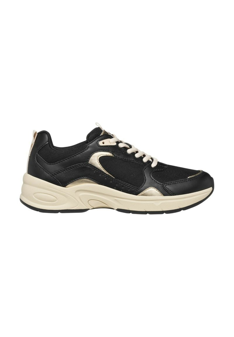 Zapatilla deportiva en negro y crema que cuenta con parte superior de malla y cuero, suela acolchada y cierre de cordones con acentos dorados.