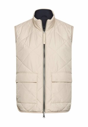 Beige gesteppte ärmellose Weste mit hohem Kragen, vorderem Reißverschluss und zwei Klappentaschen in der Taille, von vorne gesehen.