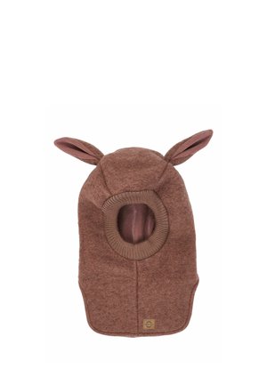 Cagoule tricotée marron avec deux oreilles souples et une ouverture faciale côtelée, conçue pour la chaleur et un look ludique.