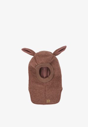 Brun strikket balaclava med to bløde ører og en ribbet åbning til ansigtet, designet for varme og et legende udseende.