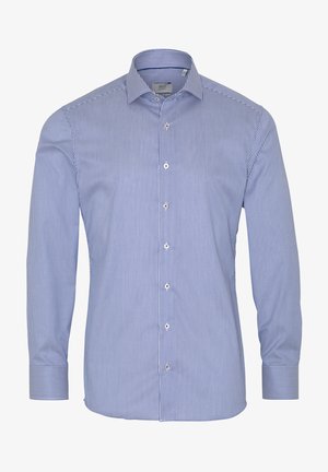 Camicetta a righe blu e bianche con colletto button-down, maniche lunghe e bottoni bianchi. Tessuto di cotone con una texture liscia.