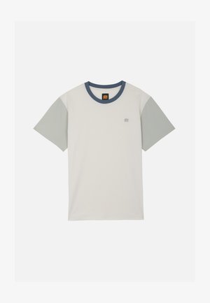 Short-sleeve crew neck t-shirt with cream body, light grey sleeves, and dark grey collar, featuring a small elephant logo on the chest.