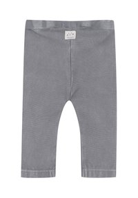Grijze babylegging met elastische tailleband en een klein wit label met een eenvoudig kattengezichtontwerp in het midden van de achterkant.