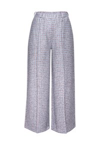 Light blue wide-leg trousers with a textured pattern in white and brown. Features a pull-on waistband and front pleats.