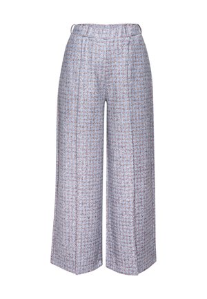 Light blue wide-leg trousers with a textured pattern in white and brown. Features a pull-on waistband and front pleats.
