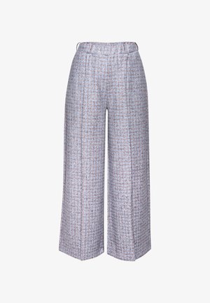 Hellblaue weite Hosen mit einem strukturierten Muster in Weiß und Braun. Sie verfügen über einen Gummizugbund und vorne Falten.