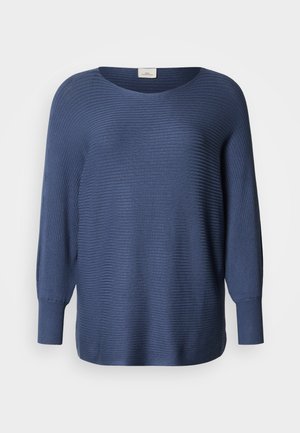 Pulover bleumarin, cu dungi, cu un decolteu larg și mâneci lungi, ușor bufante. Fabricat dintr-un material moale și texturat. Croială casual.