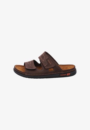Brun læder sandal med åben tå, to justerbare remme og sort sål, med "ROHDE" mærkning på siden.