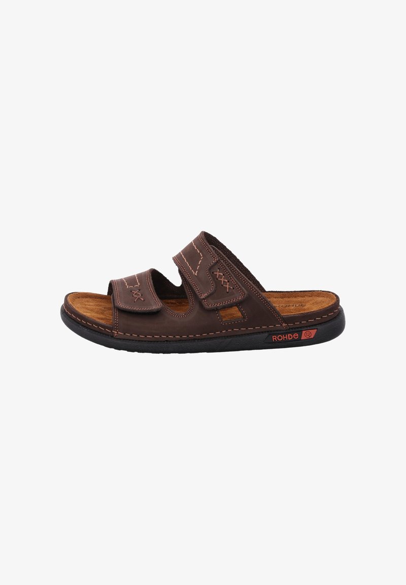 Brązowy skórzany sandał z odkrytymi palcami, wyposażony w dwie regulowane paski i czarną podeszwę, z logo "ROHDE" po boku.