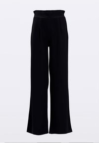 Crne hlače širokih nogavica s visokim strukom, s naborcima i glatkom teksturom. Bez vidljivih kopči ili uzoraka. Jednostavan, strukturiran dizajn.