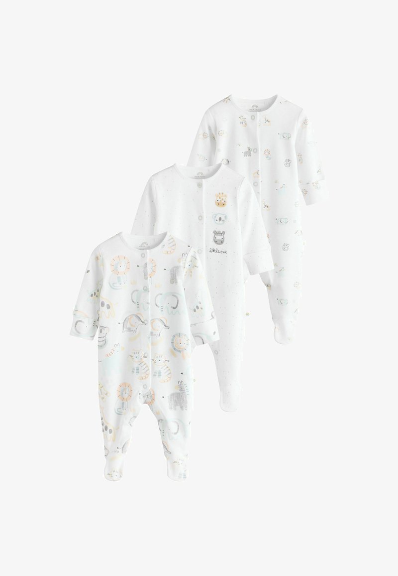 Three white baby onesies with long sleeves and feet, featuring soft animal prints like lions, elephants, and giraffes in pastel colors.