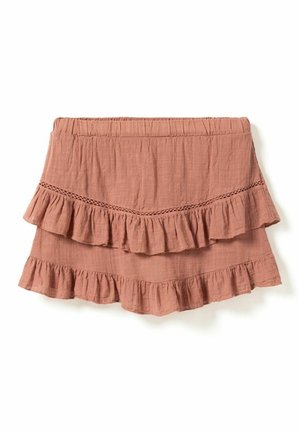 Hnedá bavlnená sukňa s elastickým pásom, ktorá má dve vrstvy volánových lemov a háčkovaný čipkovaný detail na hornom voláne.