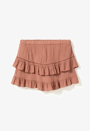 Spódnica bawełniana w kolorze rdzy z elastycznym paskiem, posiadająca dwie warstwy falbaniastych rantów oraz koronkowy detal szydełkowy na górnej falbanie.