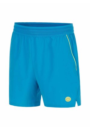 Blaue Sportshorts mit elastischem Bund, kleinem gelbem Logo am linken Bein und gelbem Saum entlang der Öffnung der rechten Tasche.