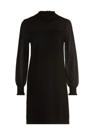 Zwarte jurk met een hoge, gerimpelde halslijn, lange doorschijnende mouwen met elastische manchetten en een effen lijfje. Zachte textuur, tot op de knie vallend model.