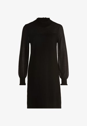 Zwarte jurk met een hoge, gerimpelde halslijn, lange doorschijnende mouwen met elastische manchetten en een effen lijfje. Zachte textuur, tot op de knie vallend model.