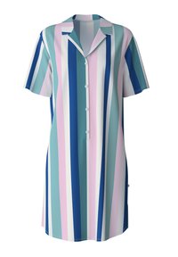 Abito a manica corta con strisce verticali in tonalità di teal, blu, rosa e bianco. Chiusura a bottoni sul davanti, colletto e vestibilità comoda.