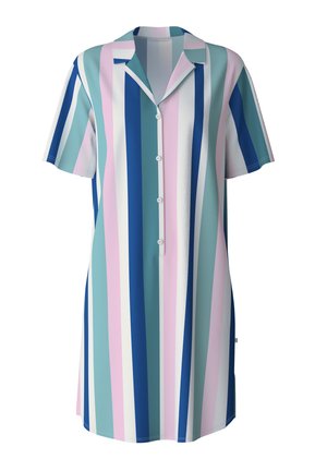 Kleid mit kurzen Ärmeln, das vertikale Streifen in verschiedenen Teal-, Blau-, Pink- und Weißtönen zeigt. Knopfverschluss vorne, Kragen und lockere Passform.