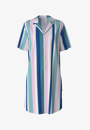 Kleid mit kurzen Ärmeln, das vertikale Streifen in verschiedenen Teal-, Blau-, Pink- und Weißtönen zeigt. Knopfverschluss vorne, Kragen und lockere Passform.