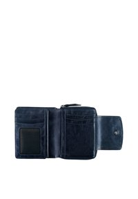 Portafoglio in pelle blu navy con chiusura a zip, numerosi scomparti per carte, finestra trasparente per documento d'identità e dettaglio con bottone a pressione sul lato. Texture liscia.