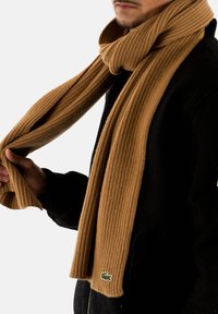 Sciarpa marrone a coste in maglia, realizzata in materiale morbido, con un piccolo logo verde. Drappeggiata intorno al collo, tenuta in mano su sfondo nero.