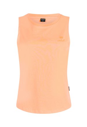 Mouwloos perzikkleurig tanktopje met ronde halslijn en klein palmboomlogo met de tekst "PROTEST" op de linkerborst.