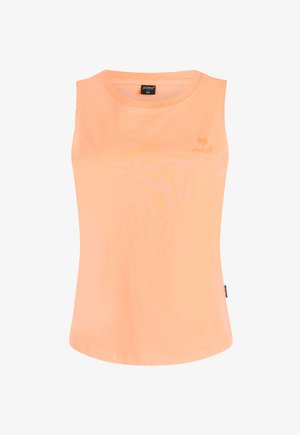 Mouwloos perzikkleurig tanktopje met ronde halslijn en klein palmboomlogo met de tekst "PROTEST" op de linkerborst.