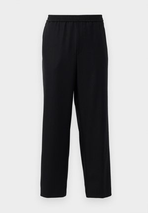 Black pants with an elastic waistband, straight leg design, and a smooth, lightweight fabric. No visible pockets or patterns.