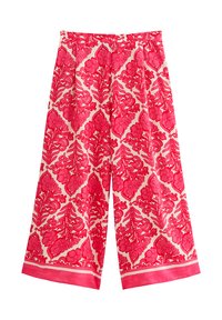 Rosa und cremefarbene weit geschnittene Hose mit floralem Muster, einem kontrastierenden Bund am Saum und einem glatten, leichten Stoff.