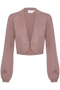 Cropped cardigan in soft, light pink knit with long, puffed sleeves and an open front design. Features ribbed cuffs and hem.