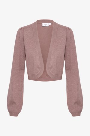 Gekürzter Cardigan aus weichem, hellrosa Strick mit langen, puffigen Ärmeln und einem offenen Design. Verfügt über gerippte Bündchen und Saum.