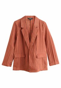 Blazer à rayures oranges avec un col cranté, des manches longues et deux poches avant. Tissu texturé avec des lignes noires verticales.