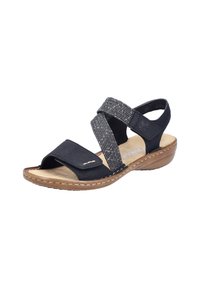 Black sandal featuring a woven strap, open toe design, synthetic upper, and a tan sole with stitching detail. Designed for comfort and support.