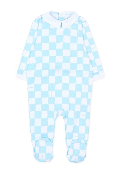 Combinaison à pieds pour bébé, à carreaux bleus clairs et blancs, avec manches longues et col blanc.