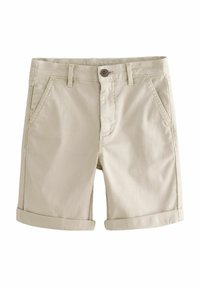 Shorts en coton beige avec un ourlet roulé, deux poches latérales et une fermeture à bouton à la taille. Texture lisse et coupe droite.