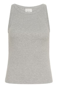 Gray ribbed tank top with a round neckline and sleeveless design. Made from soft fabric, features a fitted silhouette and minimal seams.