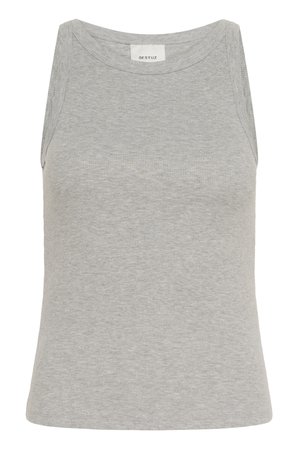 Gray ribbed tank top with a round neckline and sleeveless design. Made from soft fabric, features a fitted silhouette and minimal seams.